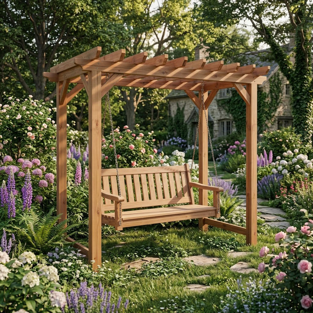 Solid wood pergola swing bench styled in a lush garden setting