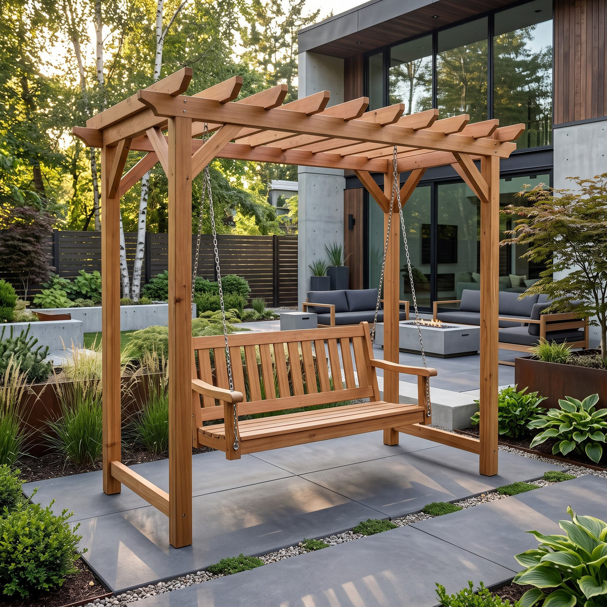 Solid wood arbor swing with trellis canopy in a landscaped backyard