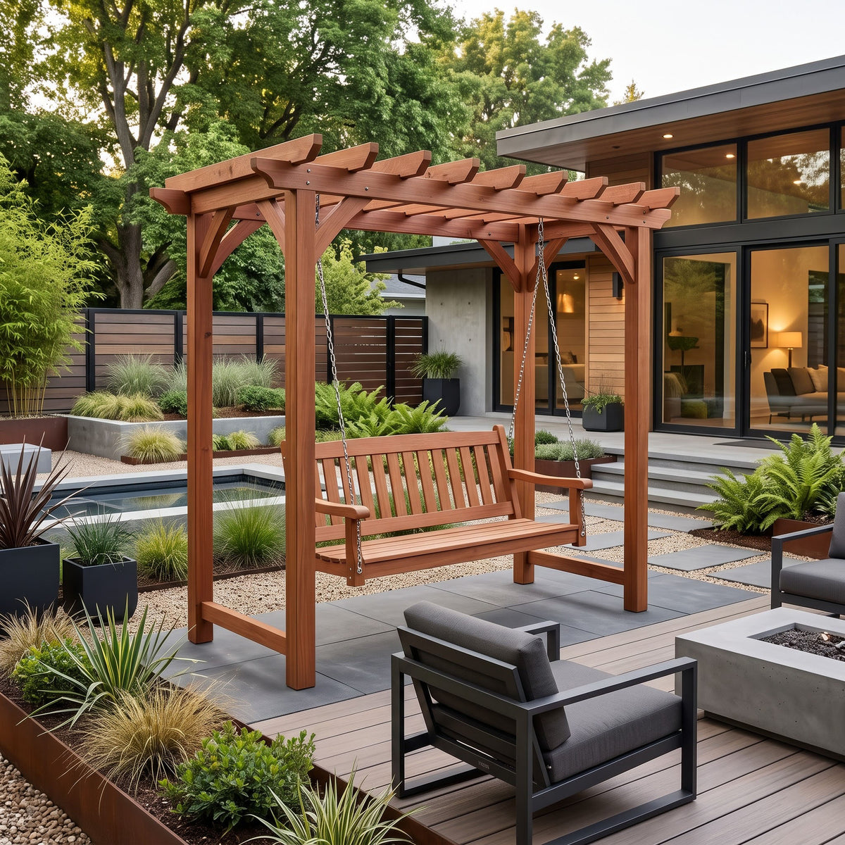 Outdoor pergola bench featuring a decorative wooden trellis roof