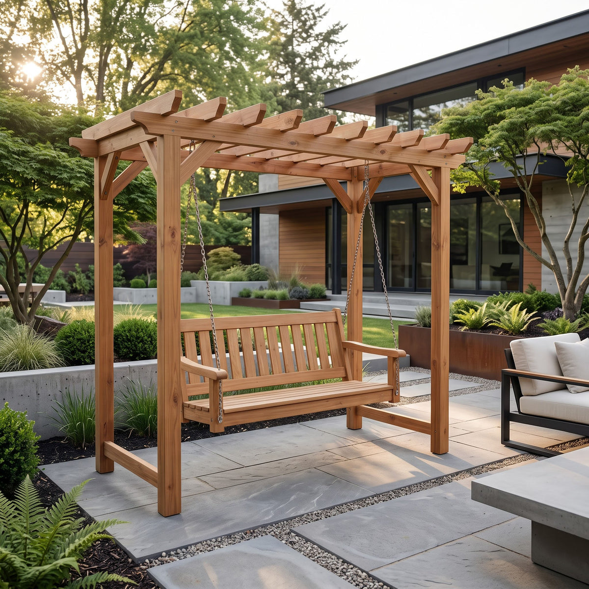 Handcrafted solid wood swing bench on a garden patio with canopy rafters