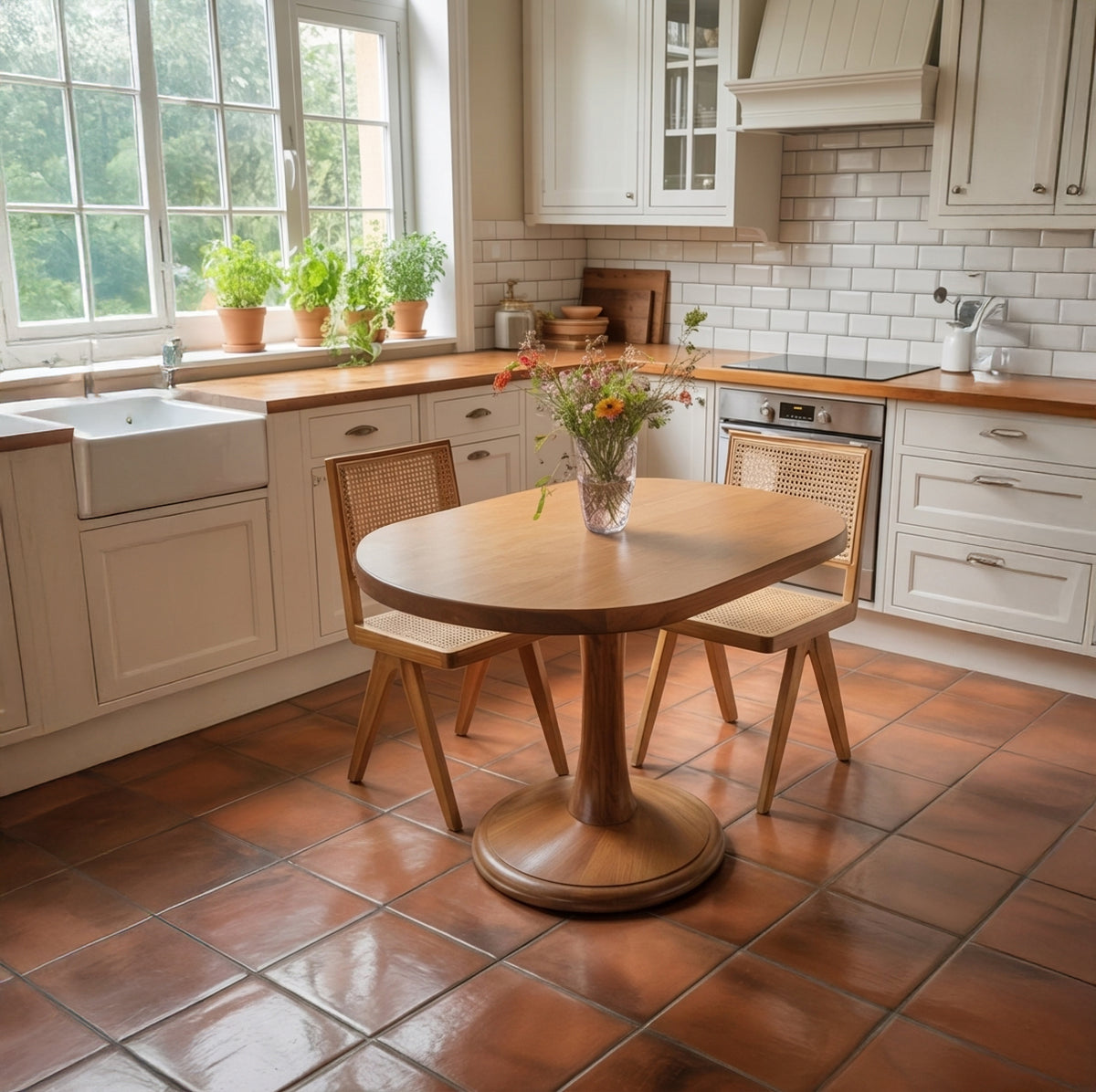 Oval solid wood dining table with pedestal base design