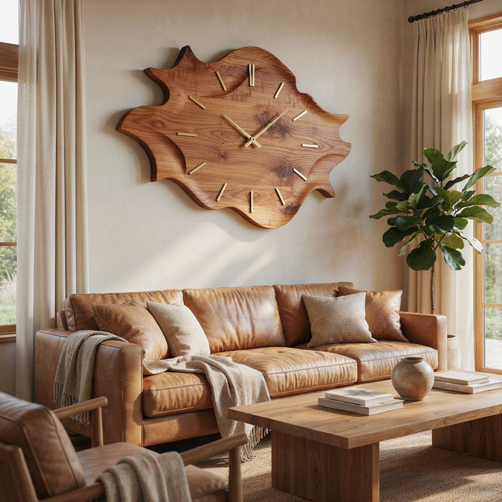 Oversized fluid wall clock and mid-century timepiece in solid wood