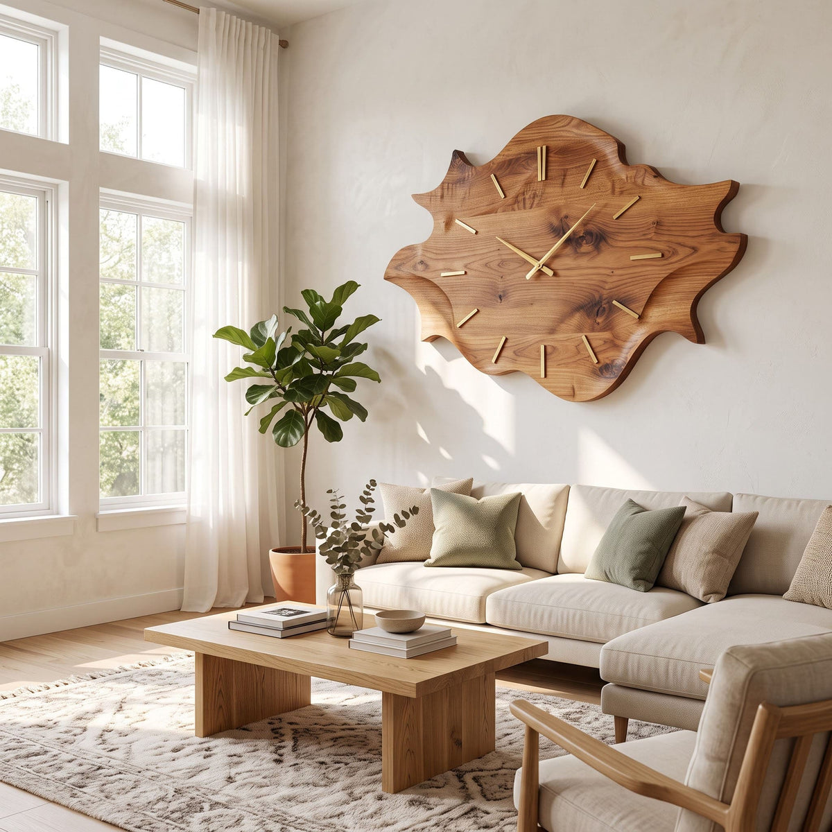 Oversized solid wood fluid wall clock styled on an accent wall in a modern living room