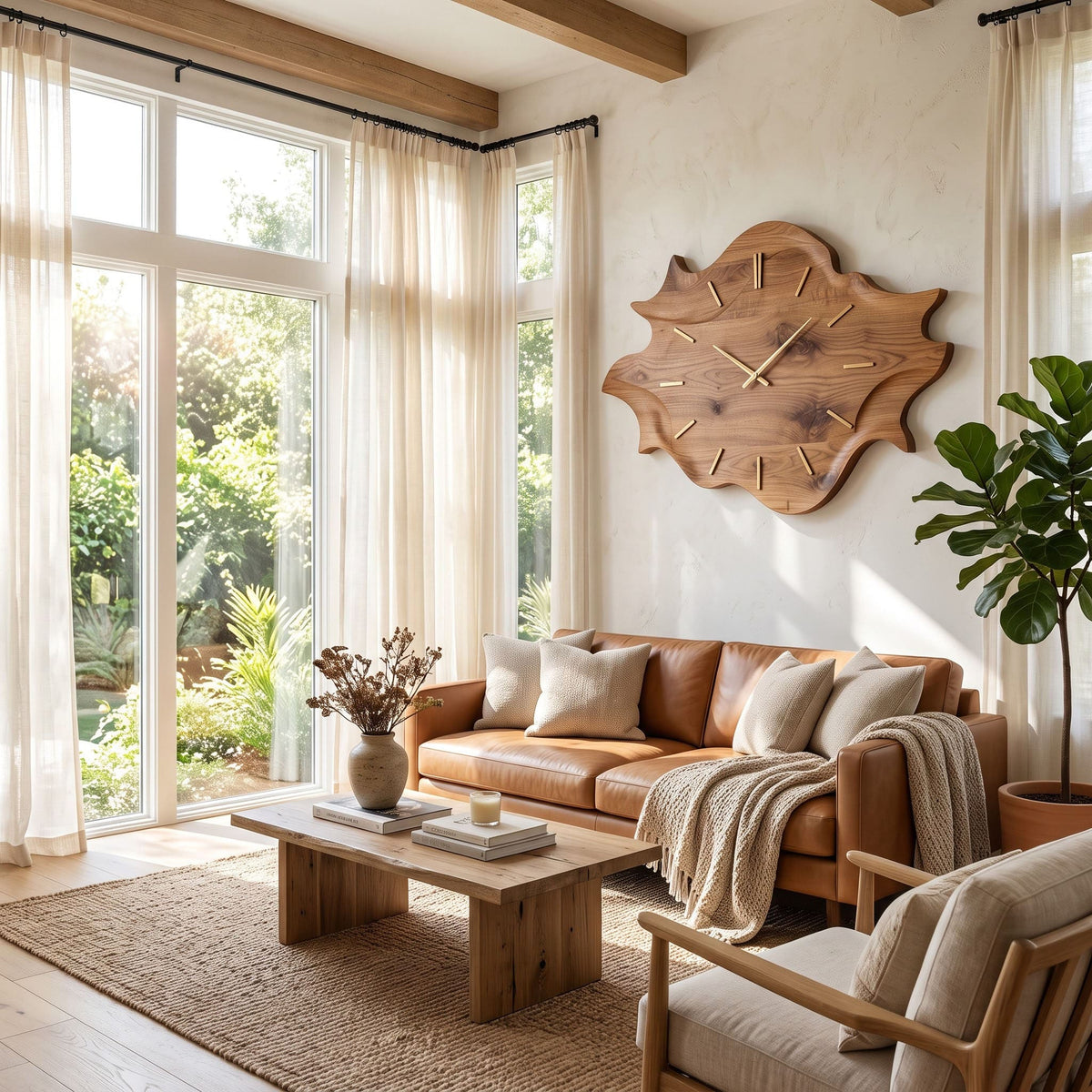 Sculptural natural wood mid-century timepiece for an elegant living room gallery wall