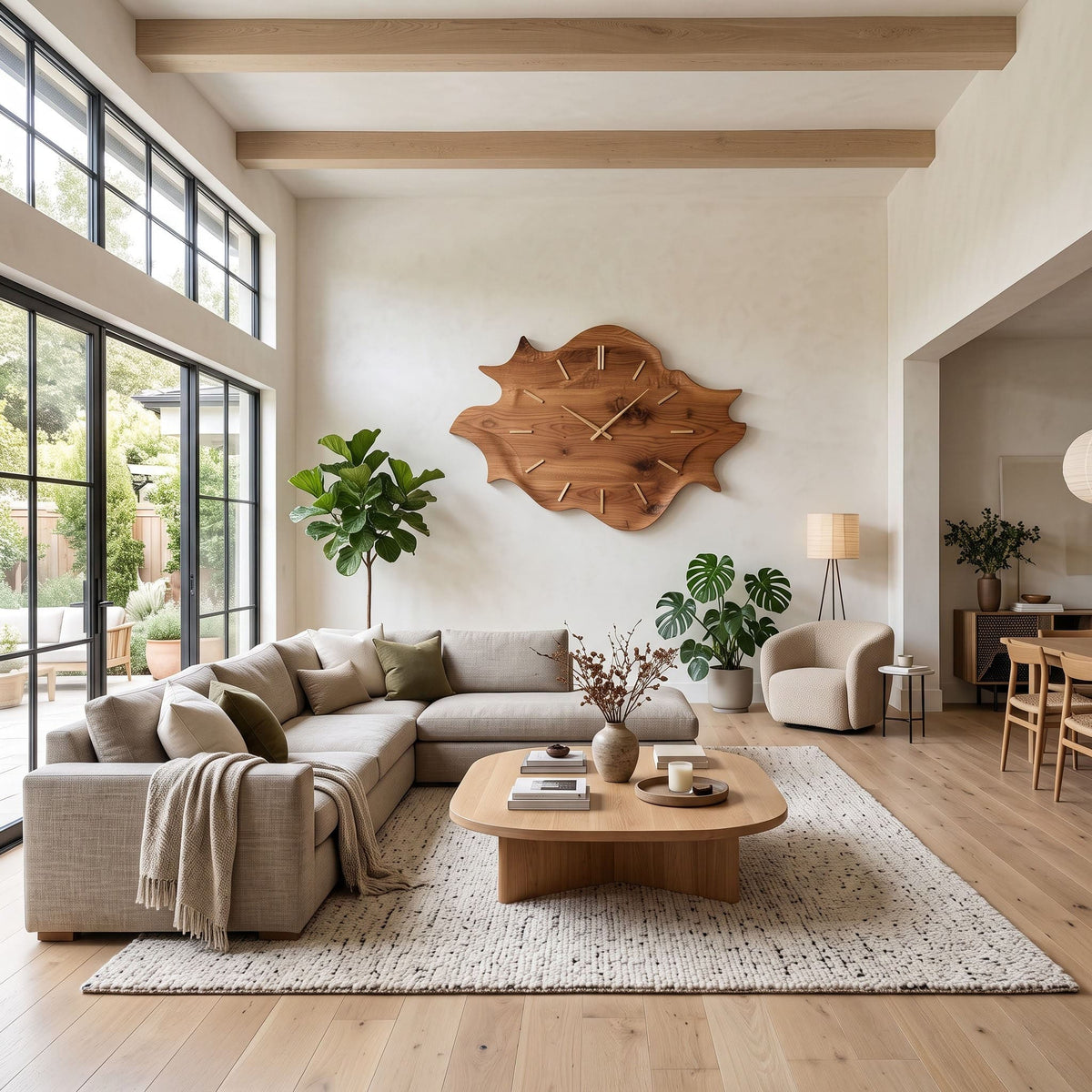 Oversized solid wood fluid wall clock styled on an accent wall in a modern living room
