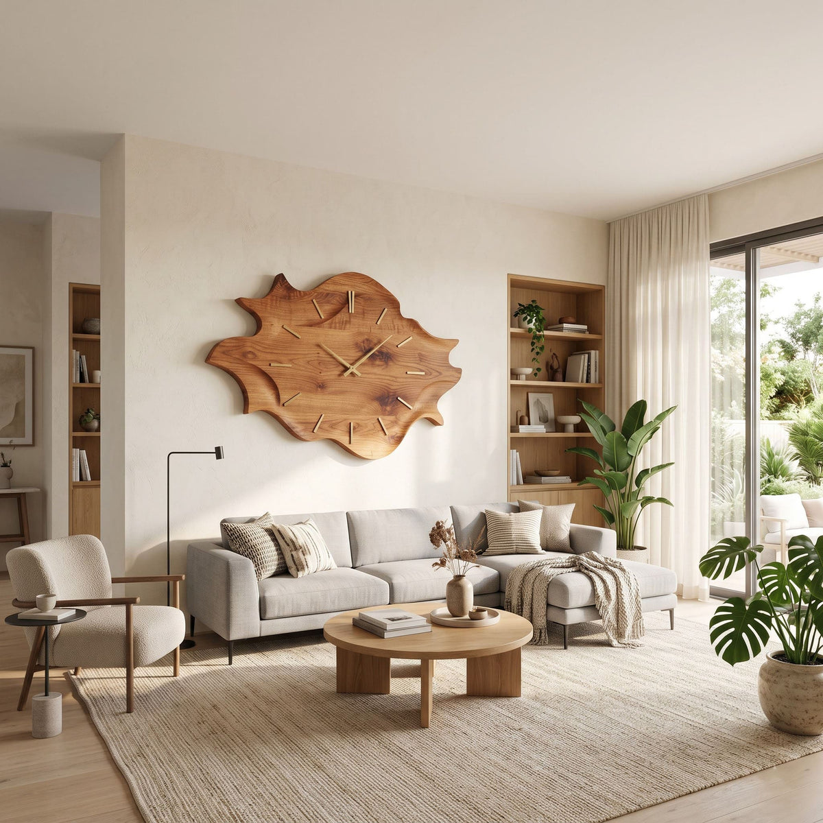 Sculptural natural wood mid-century timepiece for an elegant living room