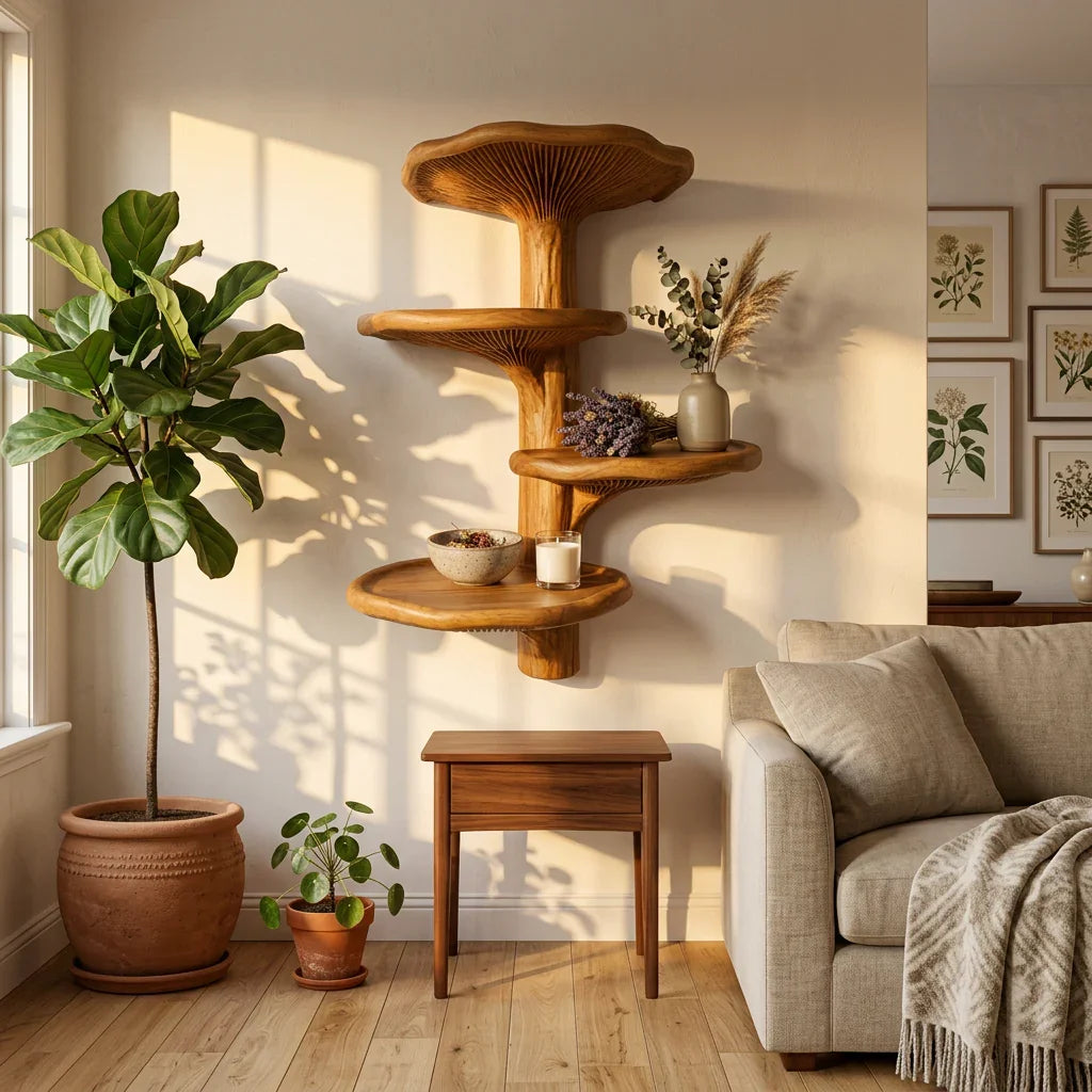 Oyster Mushroom Tiered Wall Shelf with 4 Wide Caps - Handcrafted Solid Wood Floating Shelf with Exposed Gill Carving and Organic Wavy Edges - Ashdeco 2026