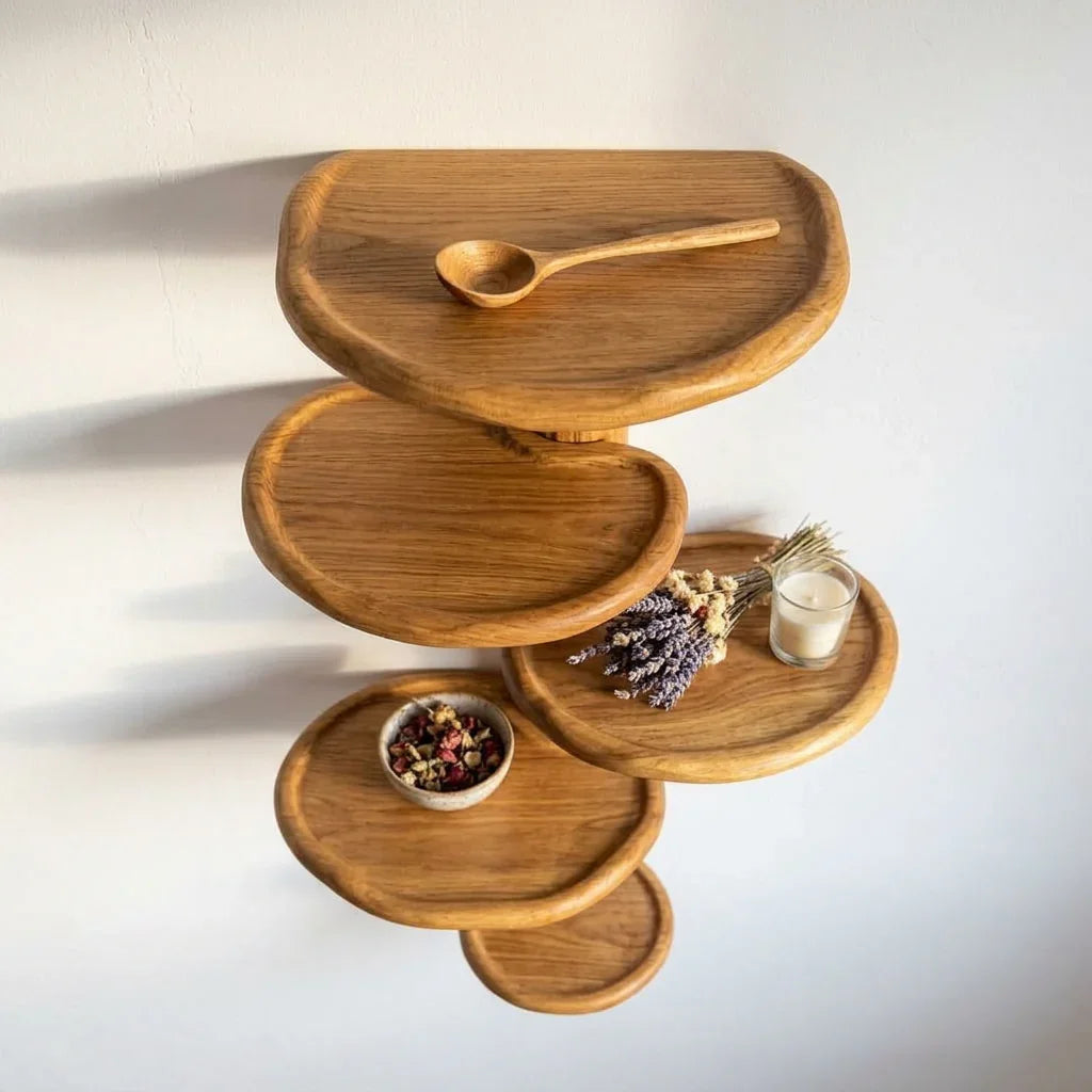 Oyster Mushroom Tiered Wall Shelf with 4 Wide Caps - Handcrafted Solid Wood Floating Shelf with Exposed Gill Carving and Organic Wavy Edges - Ashdeco 2026
