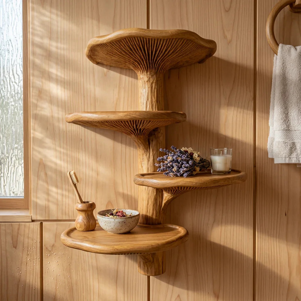 Oyster Mushroom Tiered Wall Shelf with 4 Wide Caps - Handcrafted Solid Wood Floating Shelf with Exposed Gill Carving and Organic Wavy Edges - Ashdeco 2026