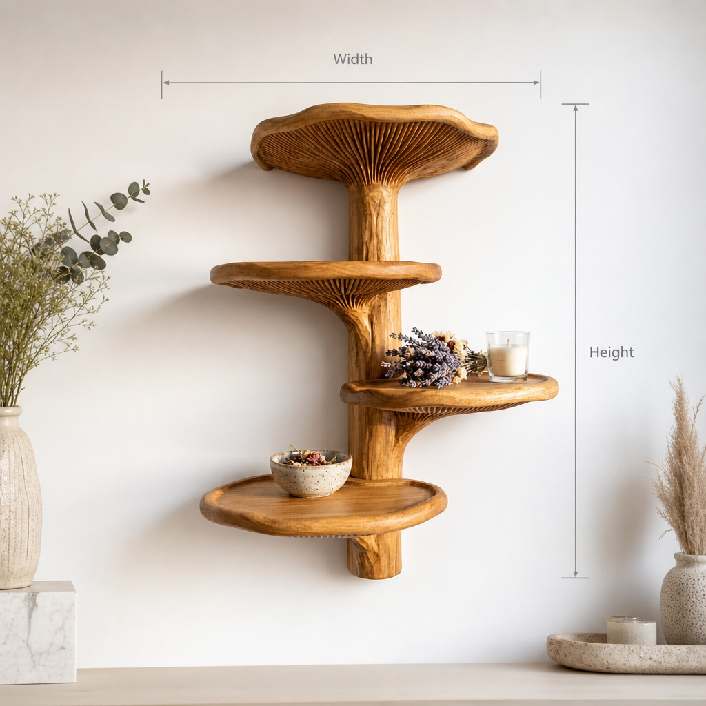 Oyster Mushroom Tiered Wall Shelf with 4 Wide Caps - Handcrafted Solid Wood Floating Shelf with Exposed Gill Carving and Organic Wavy Edges