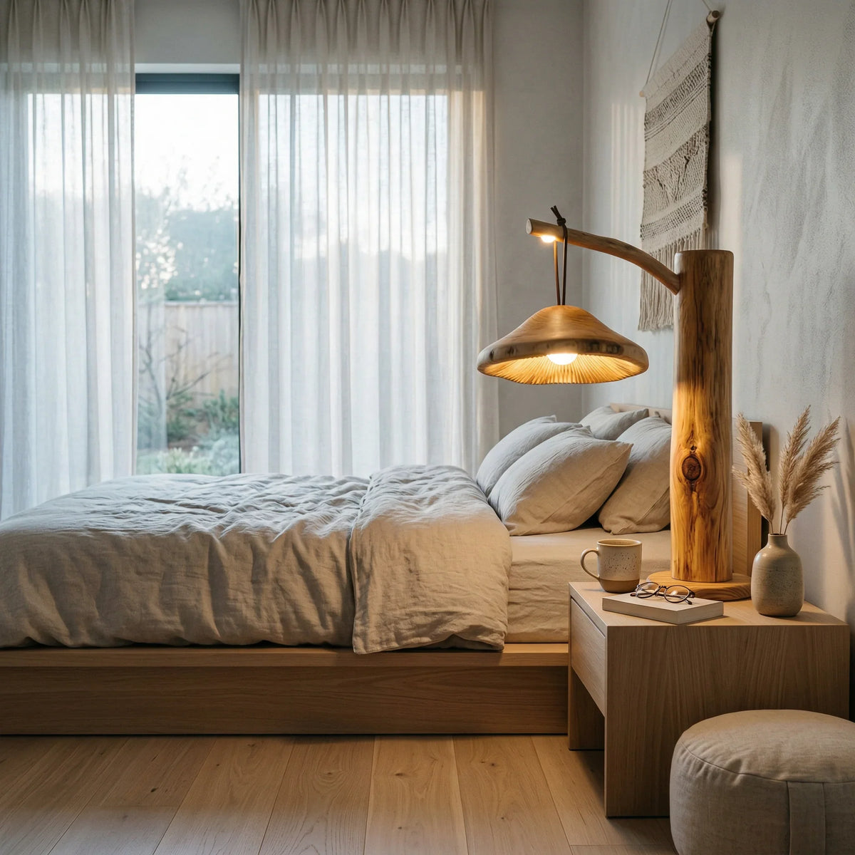 Pendant arm mushroom bedside lamp with wood log stem over a modern bed in a cozy bedroom