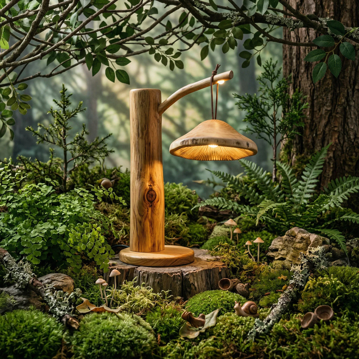 Solid wood mushroom bedside lamp with pendant gill shade on log stem, outdoors in forest