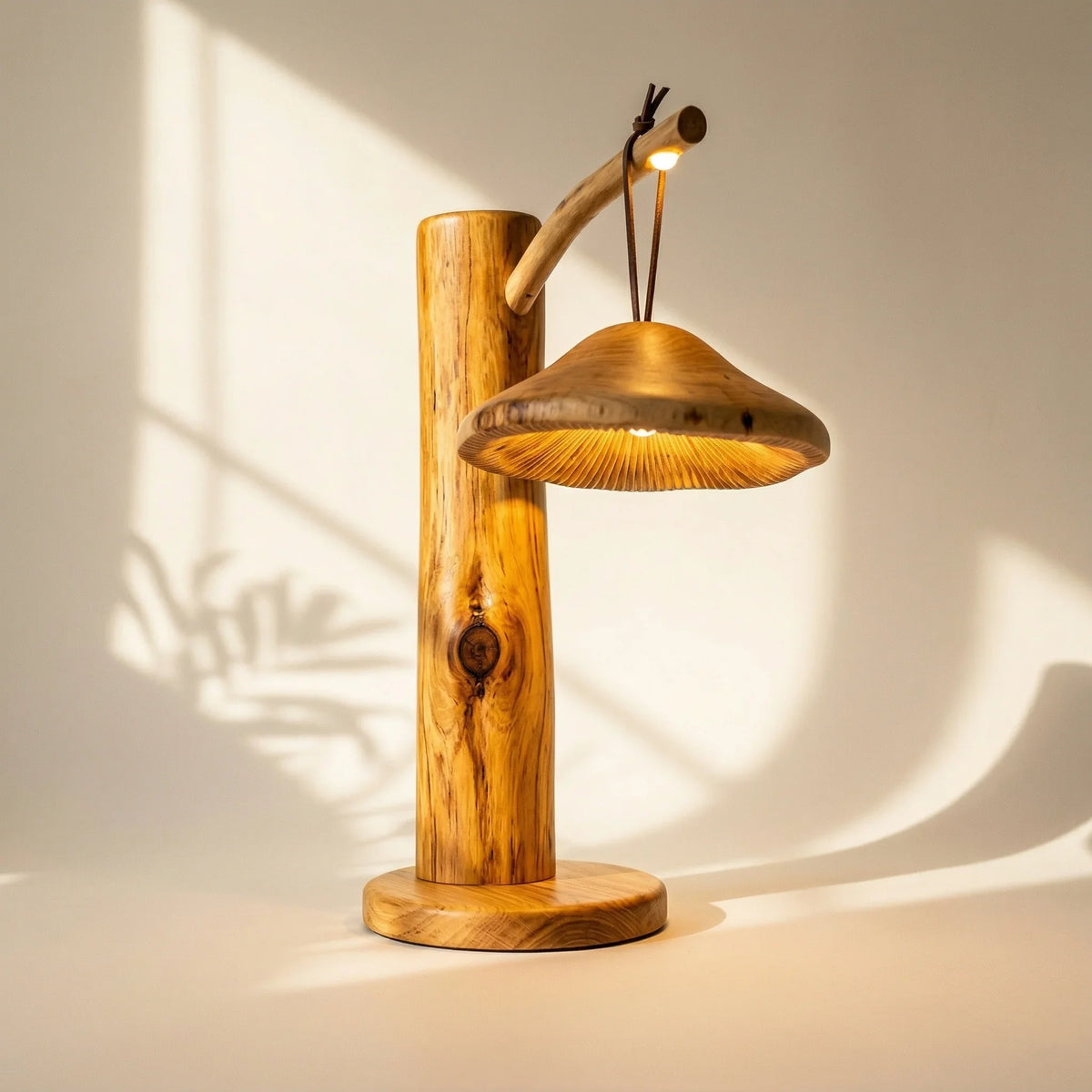 Pendant mushroom bedside lamp with glowing cap, solid wood log base and branch arm