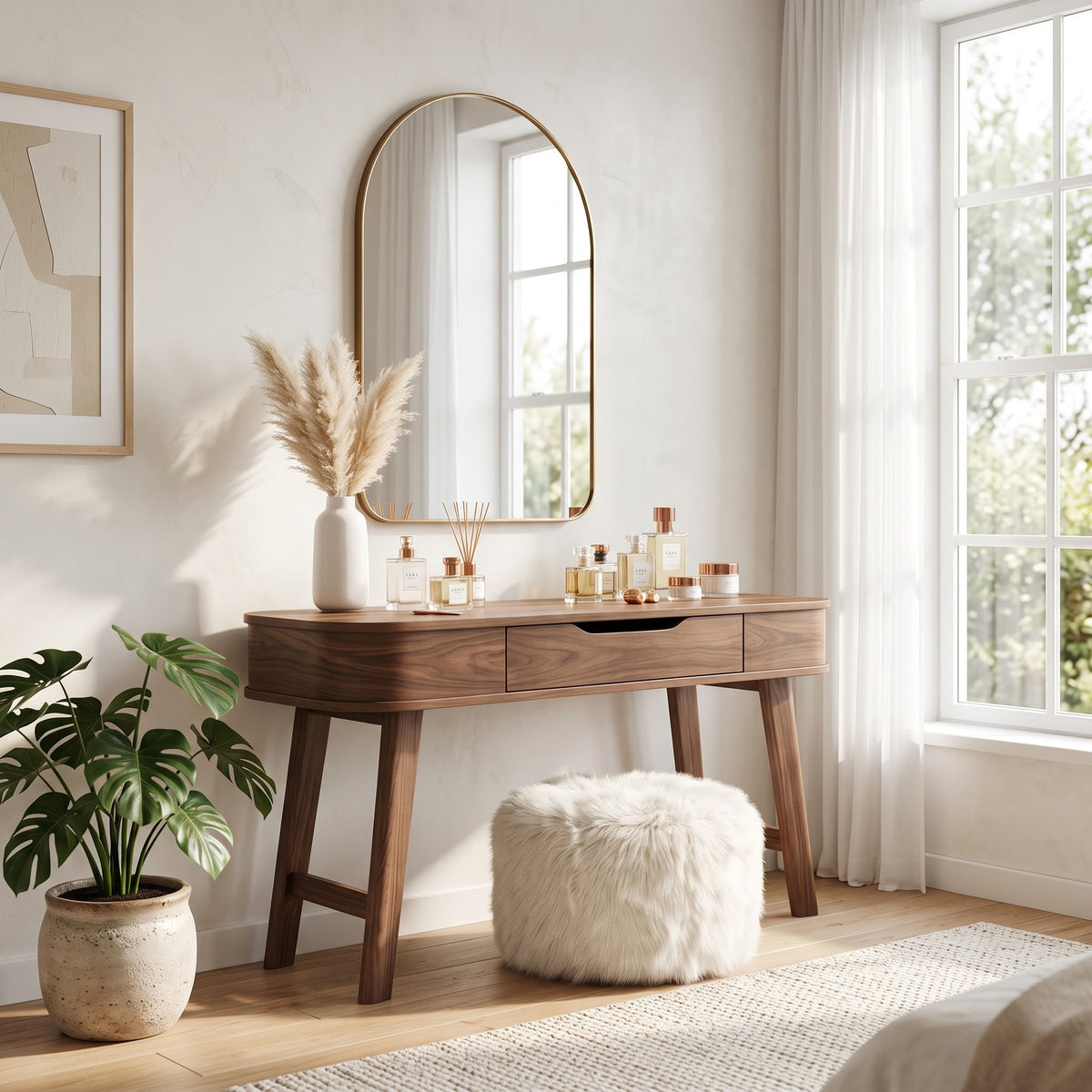 Pill contoured solid wood dressing table in a contemporary bedroom
