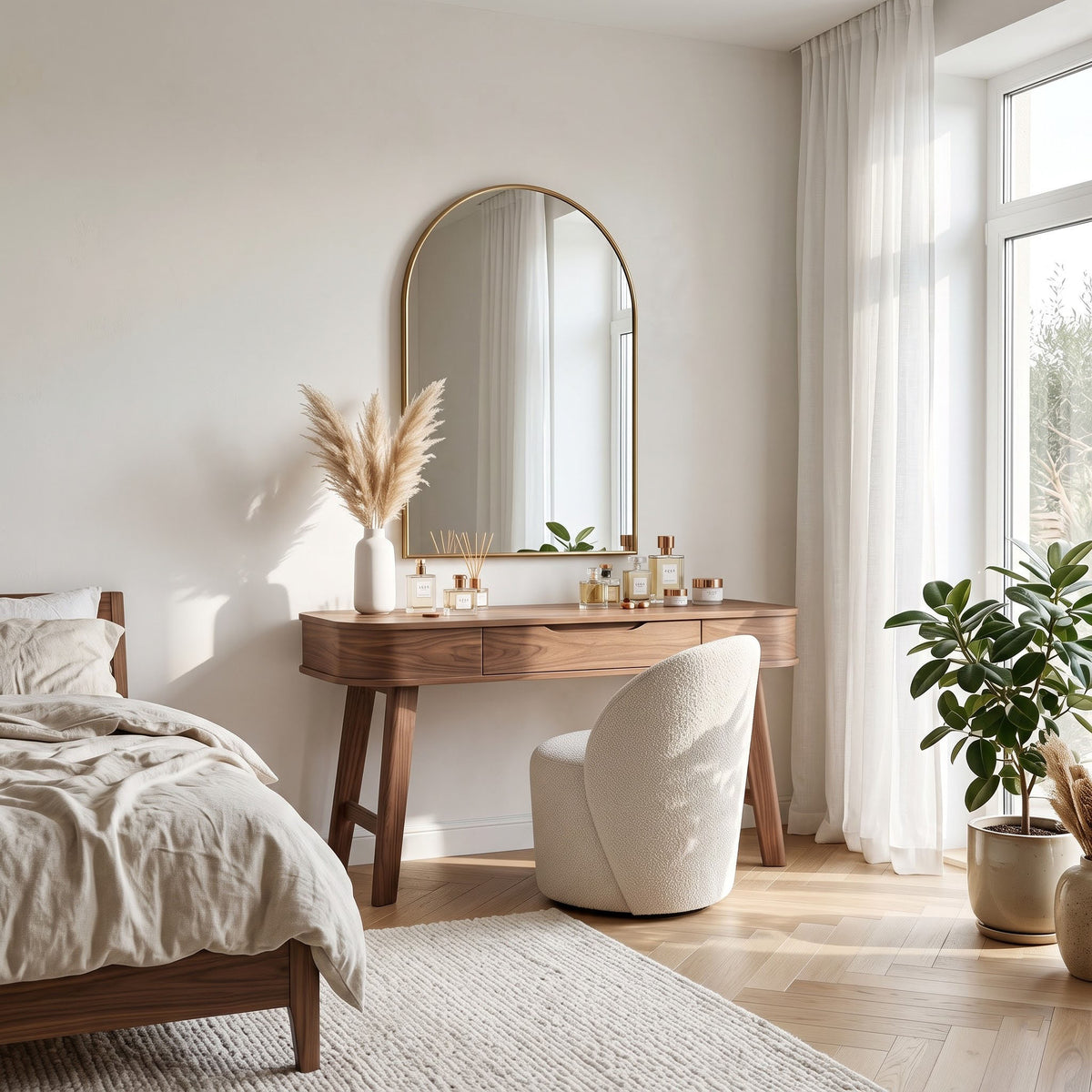 Sculptural solid wood dressing table displayed in a minimalist bedroom