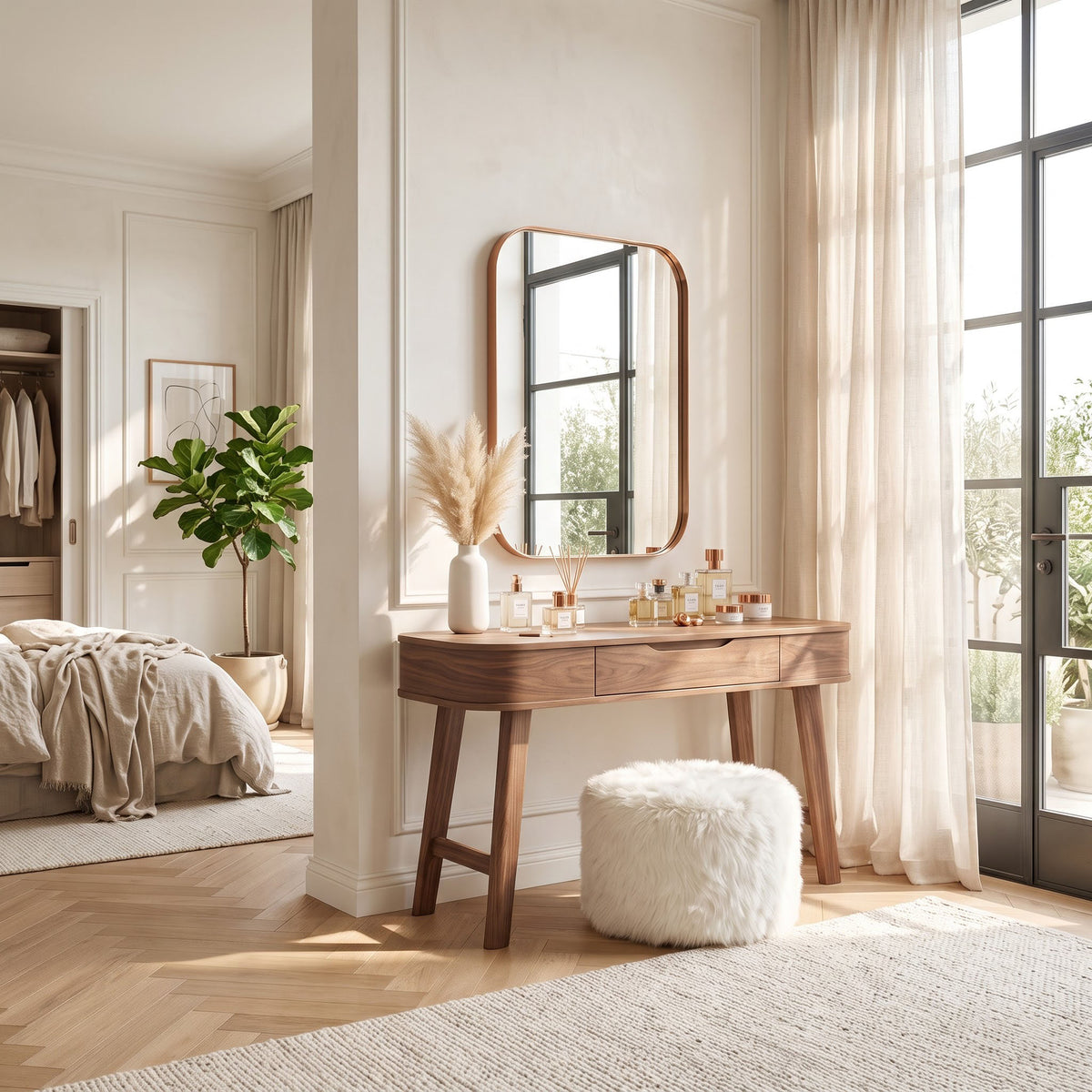 A-line base solid wood vanity styled in an elegant modern dressing space