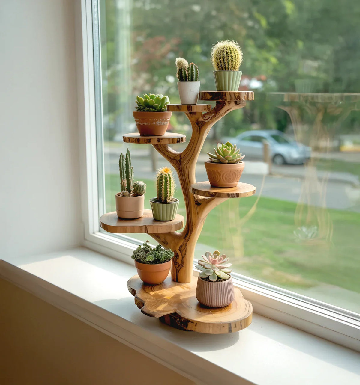 Handmade wood tree plant stand for mini cacti and succulents display