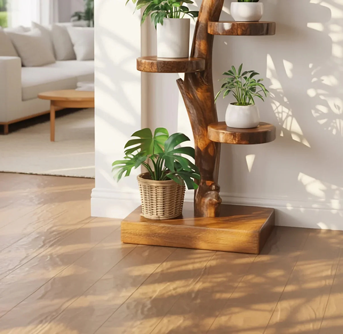 Solid wood plant stand with tree branch design for home decor