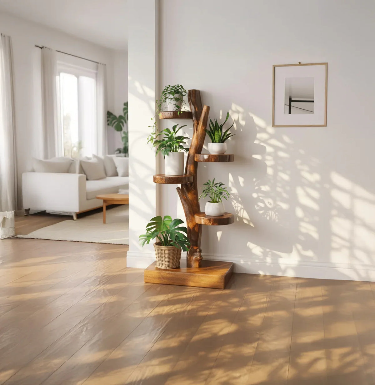 Freestanding wooden tree shelf for indoor plants display