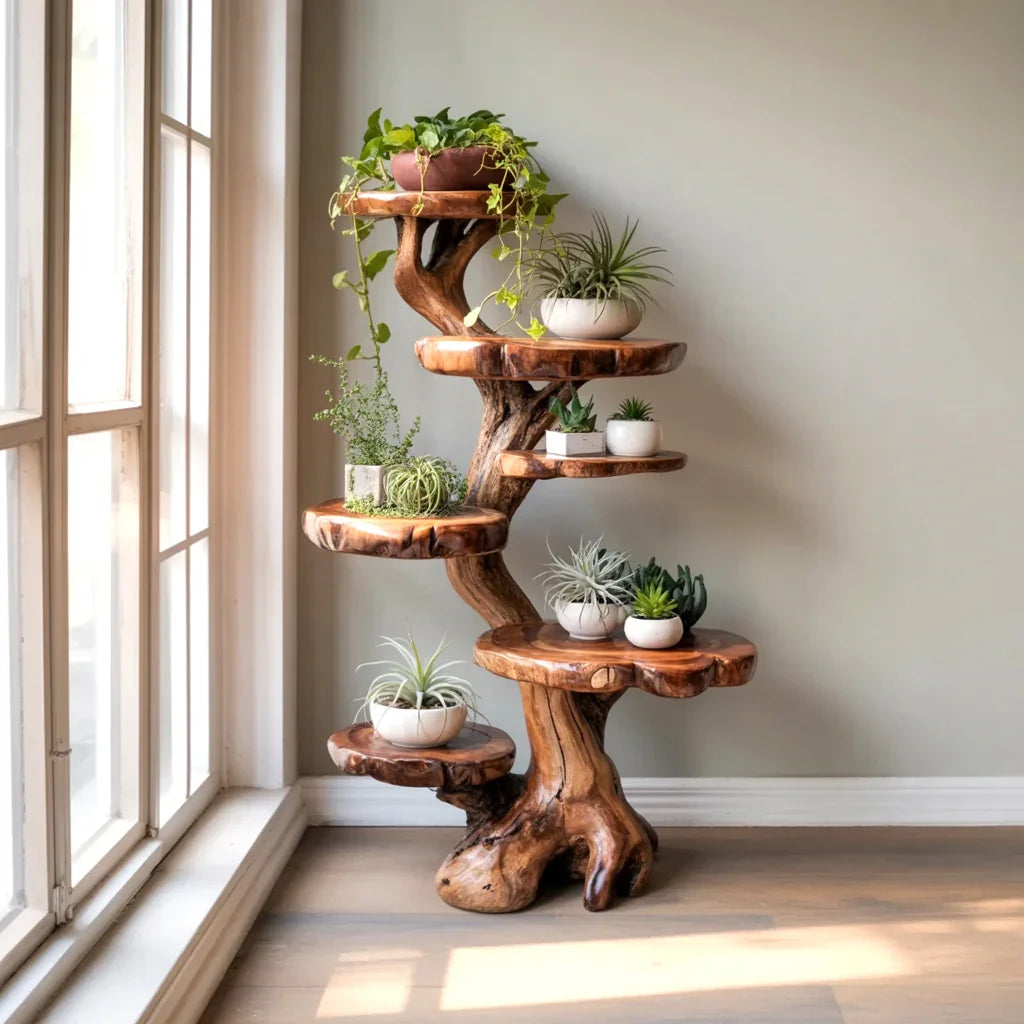 Rustic tree plant stand for botanical living room decor
