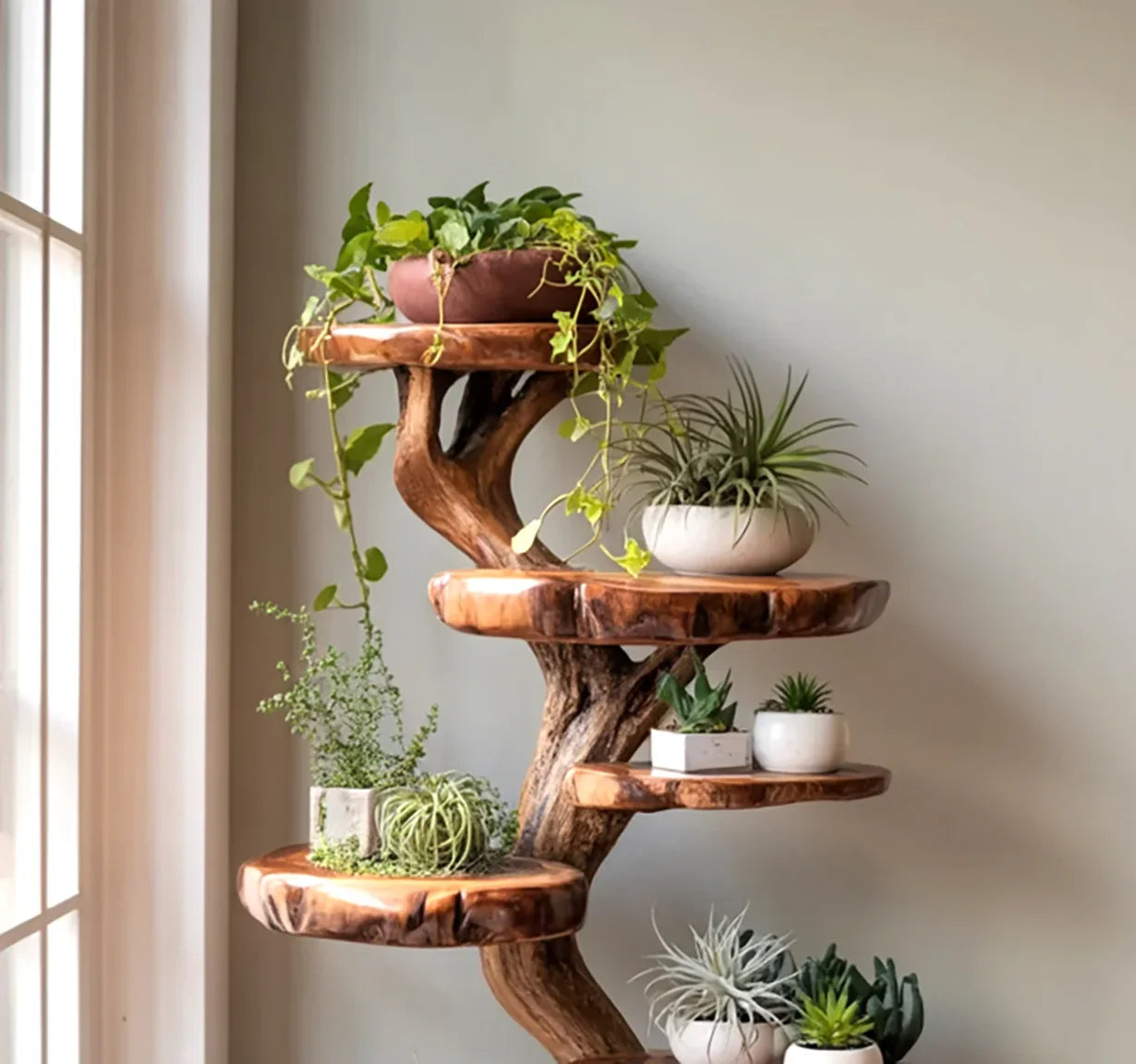 Wooden tree plant stand for indoor plant display