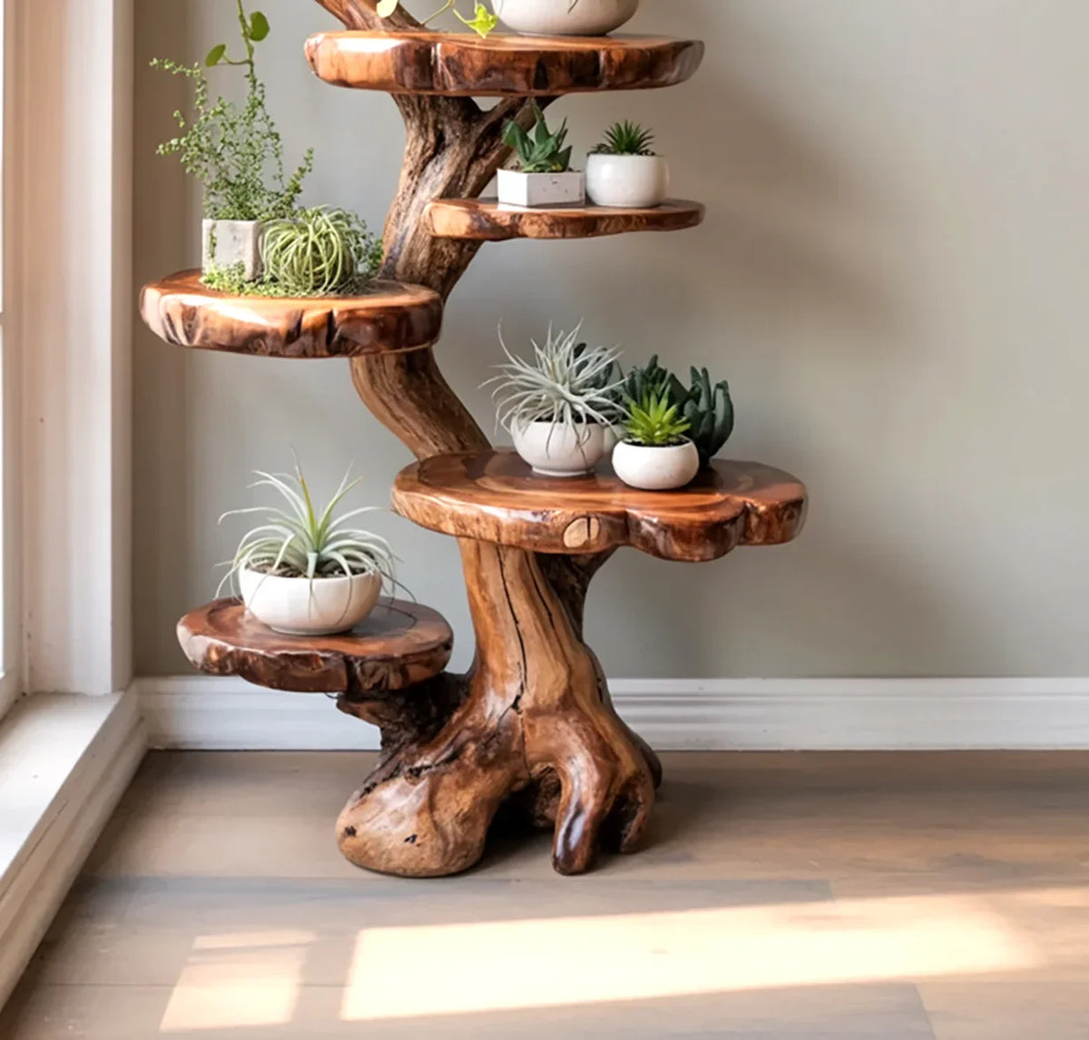 Natural wood plant stand with tree design for home decor