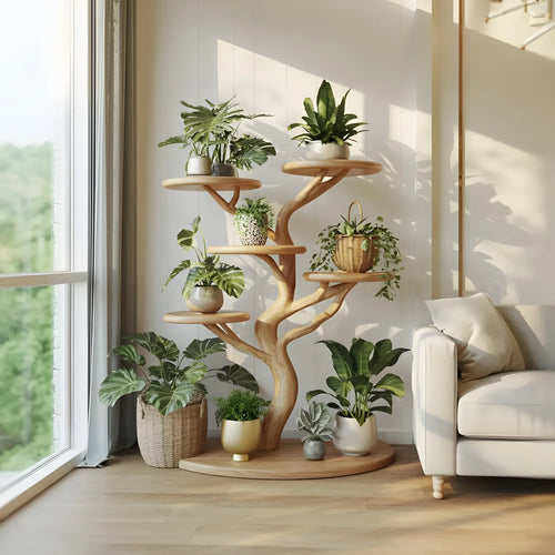 Rustic Tree Plant Shelf Indoor Green Display Living Room