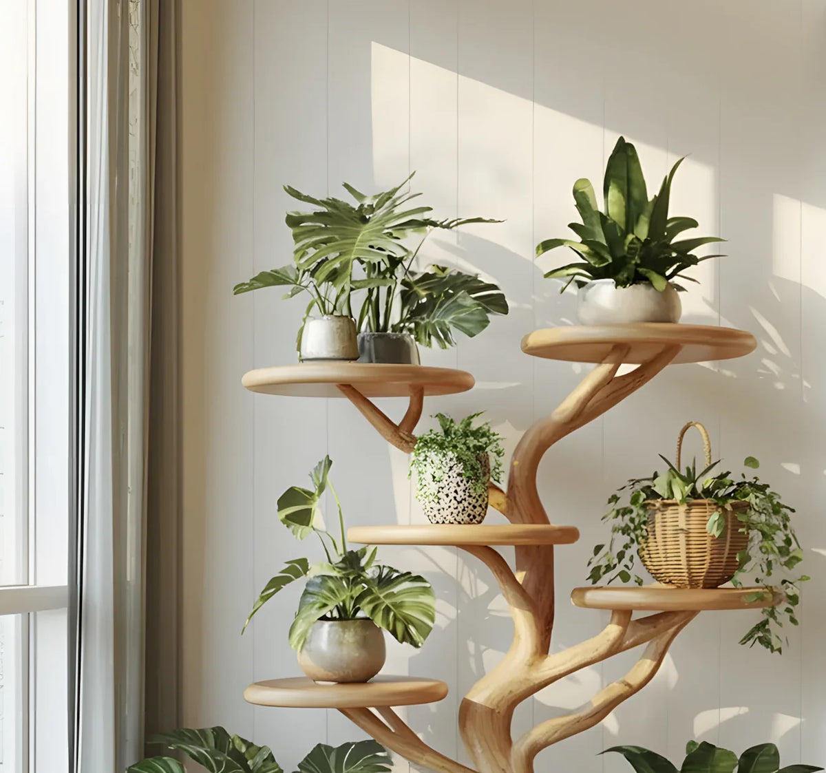Wooden tree plant shelf for indoor plants and decor