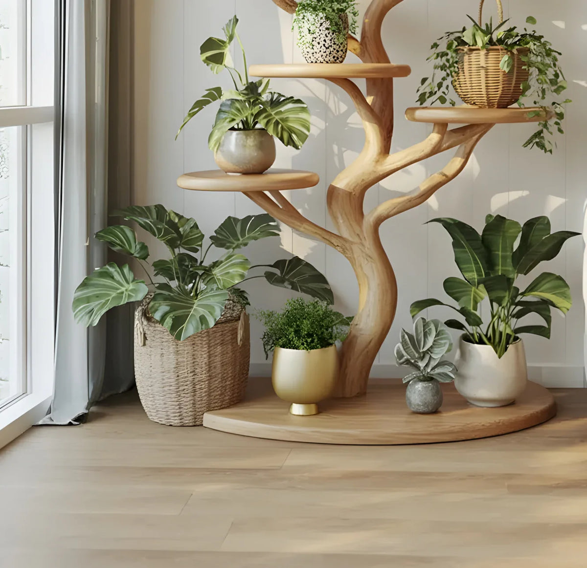 Natural wood plant stand with tree design for home display