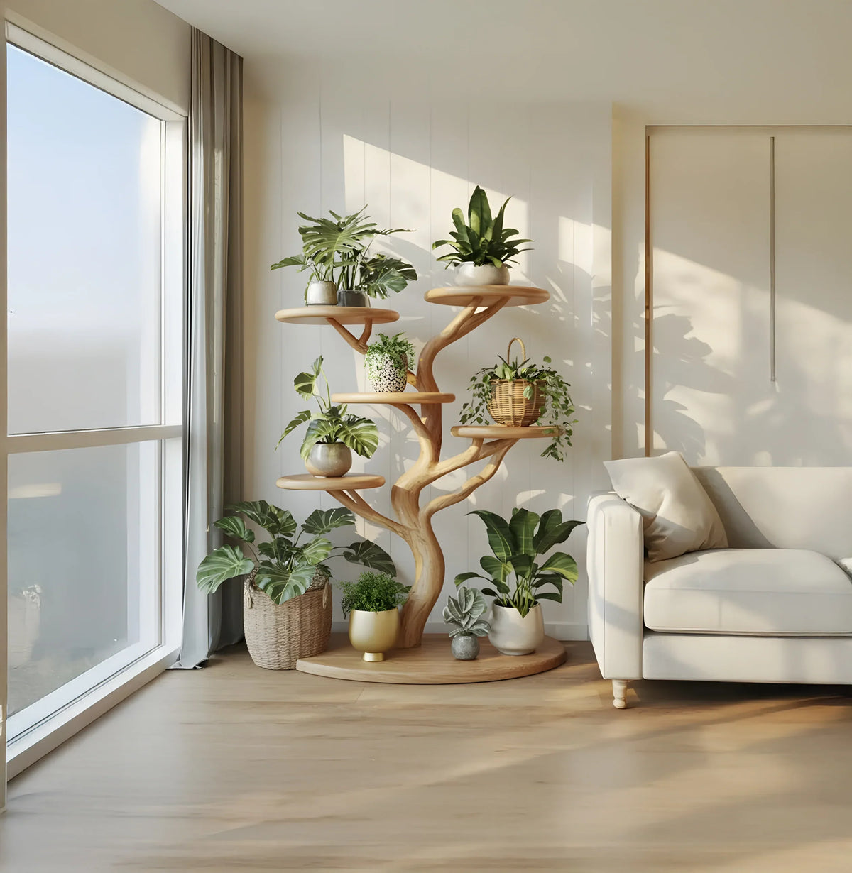 Freestanding tree shelf for indoor greenery and storage