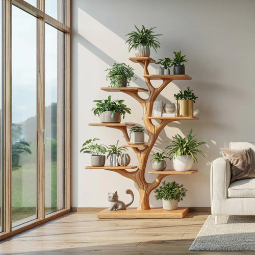 Rustic Tree Plant Shelf Organic Multi-Level Display Home Interior Decor