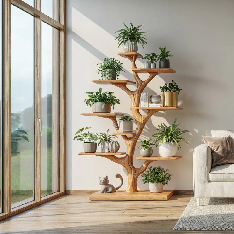 Rustic tree plant shelf with organic multi level plant display