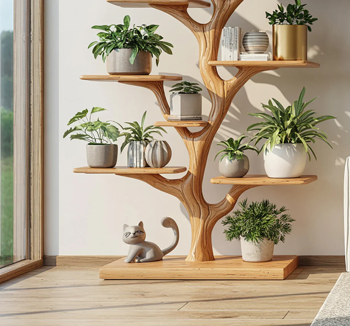 wooden racks for plants Rustic Tree Plant Shelf Organic Multi-Level Display Home Interior Decor