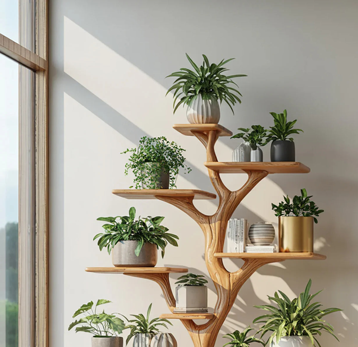 Multi level tree shelf for displaying plants in living room