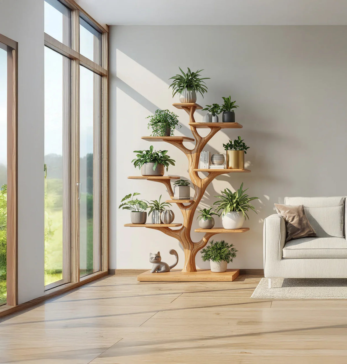 Natural wood plant shelf with tree design for interior decor