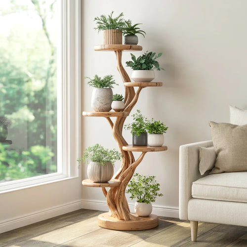 Wood Tree Plant Shelf – Rustic Organic Bonsai Stand – Natural Live-Edge Indoor Display