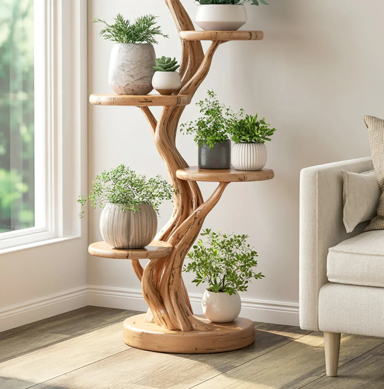 Wood Tree Plant Shelf – Rustic Organic Bonsai Stand – Natural Live-Edg