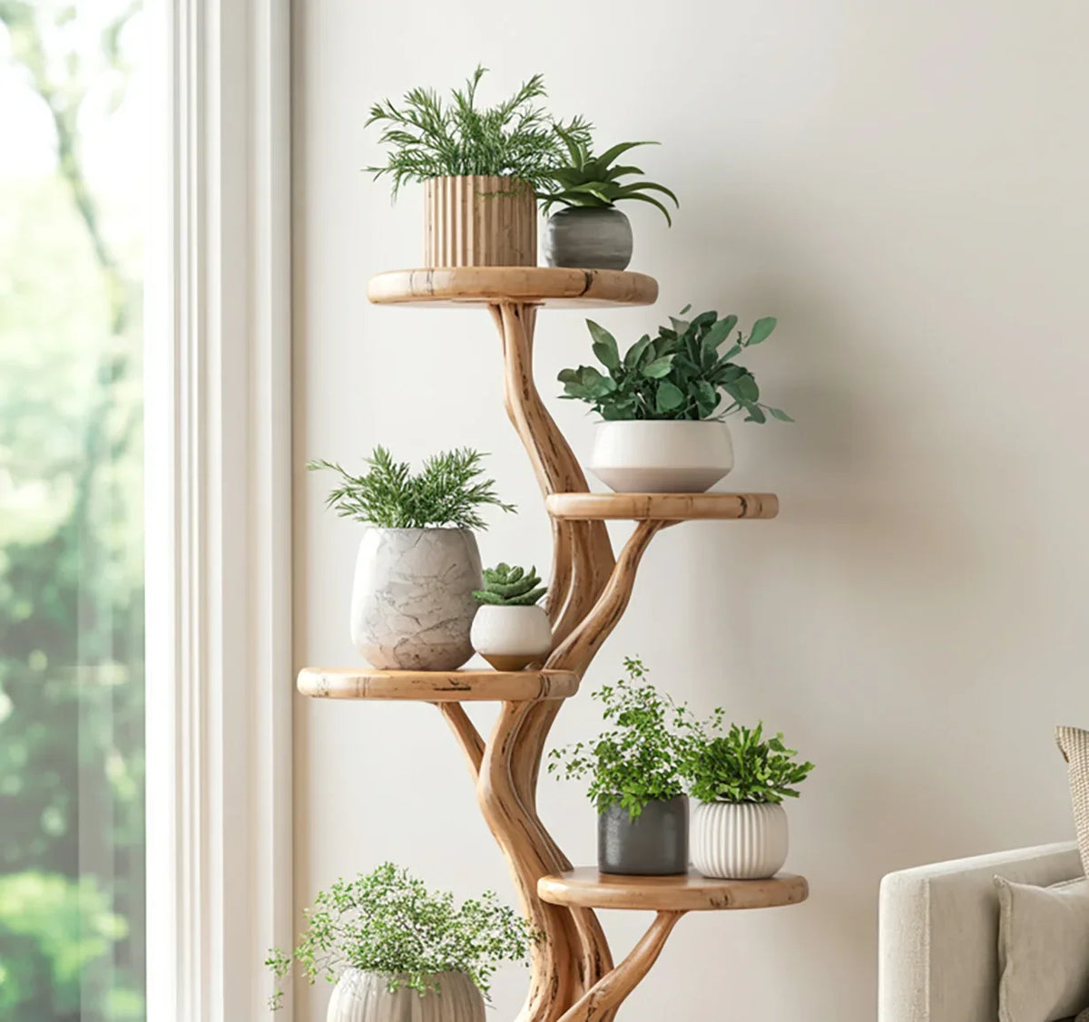 Multi level tree shelf for displaying plants in living room