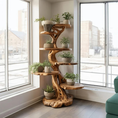 Midcentury Wooden Tree Plant Stand Home Interior