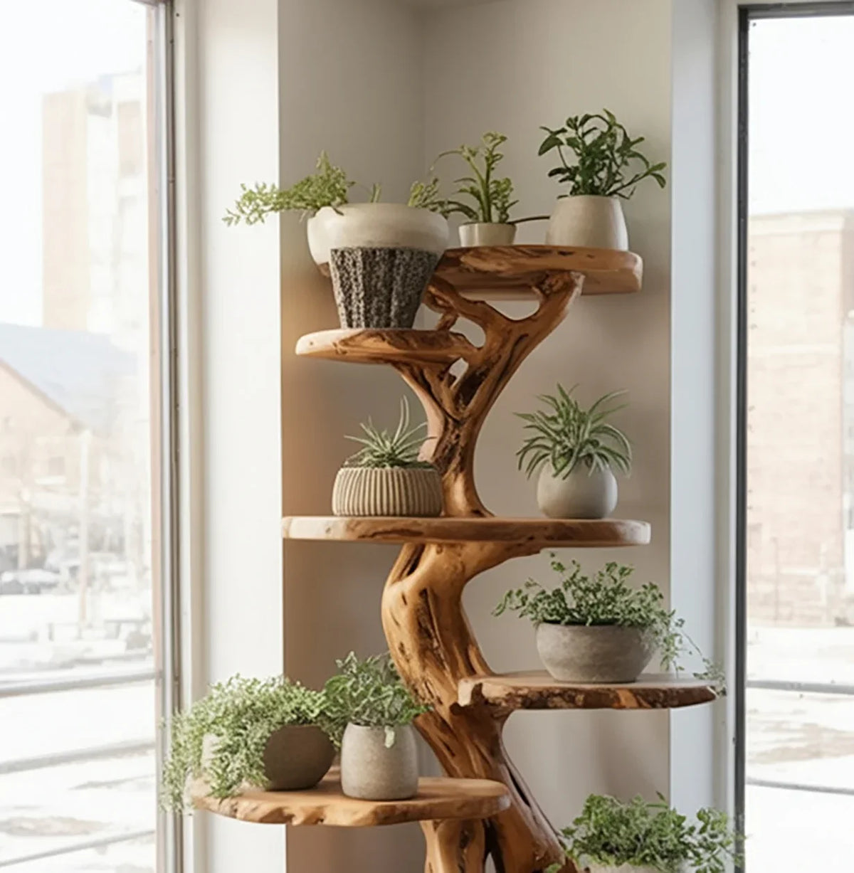 Wooden tree plant stand with midcentury modern design