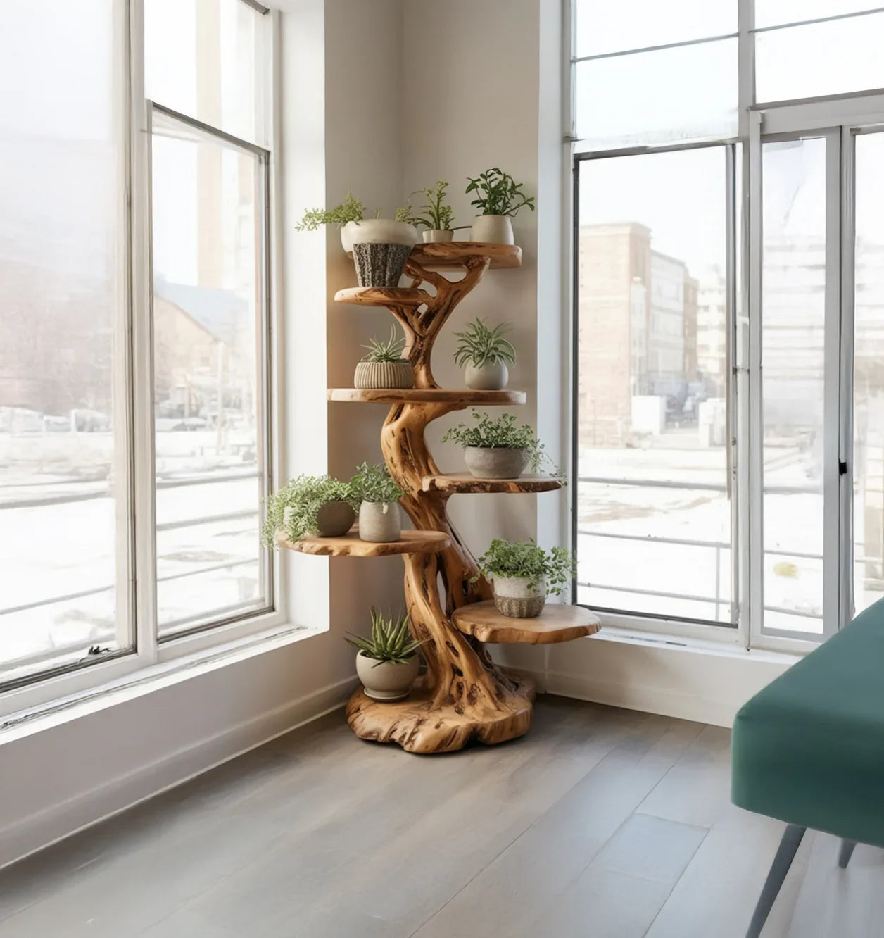 Midcentury Wooden Tree Plant Stand Home Interior