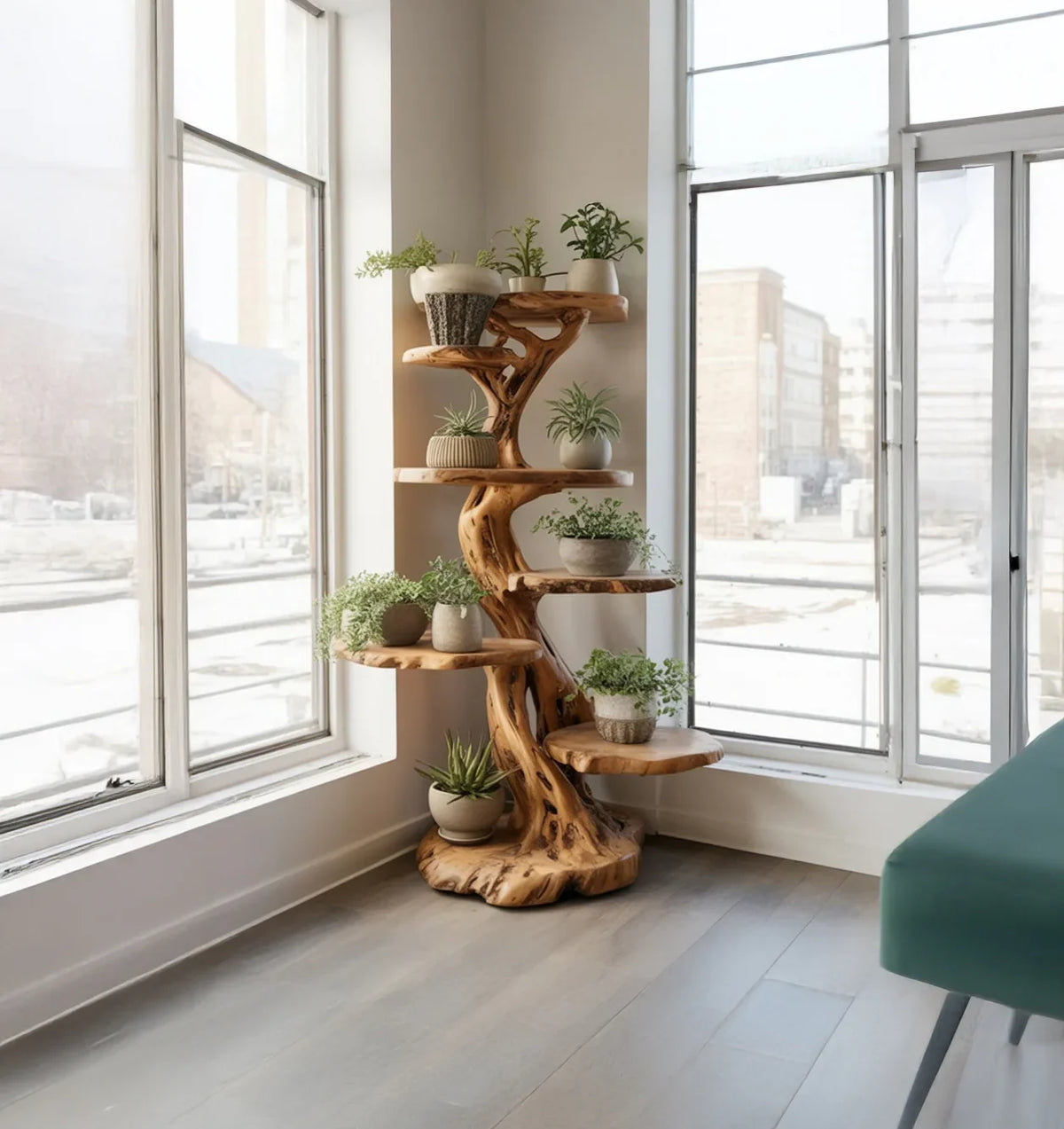 Natural wood plant stand for midcentury home decor