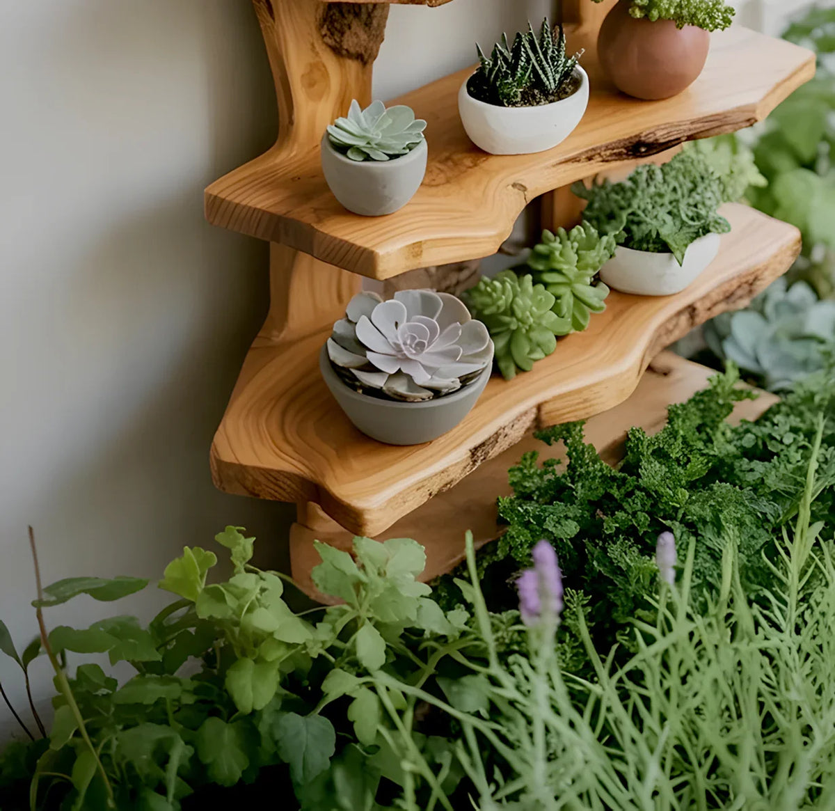 Wooden multi level plant shelf for garden and patio decor