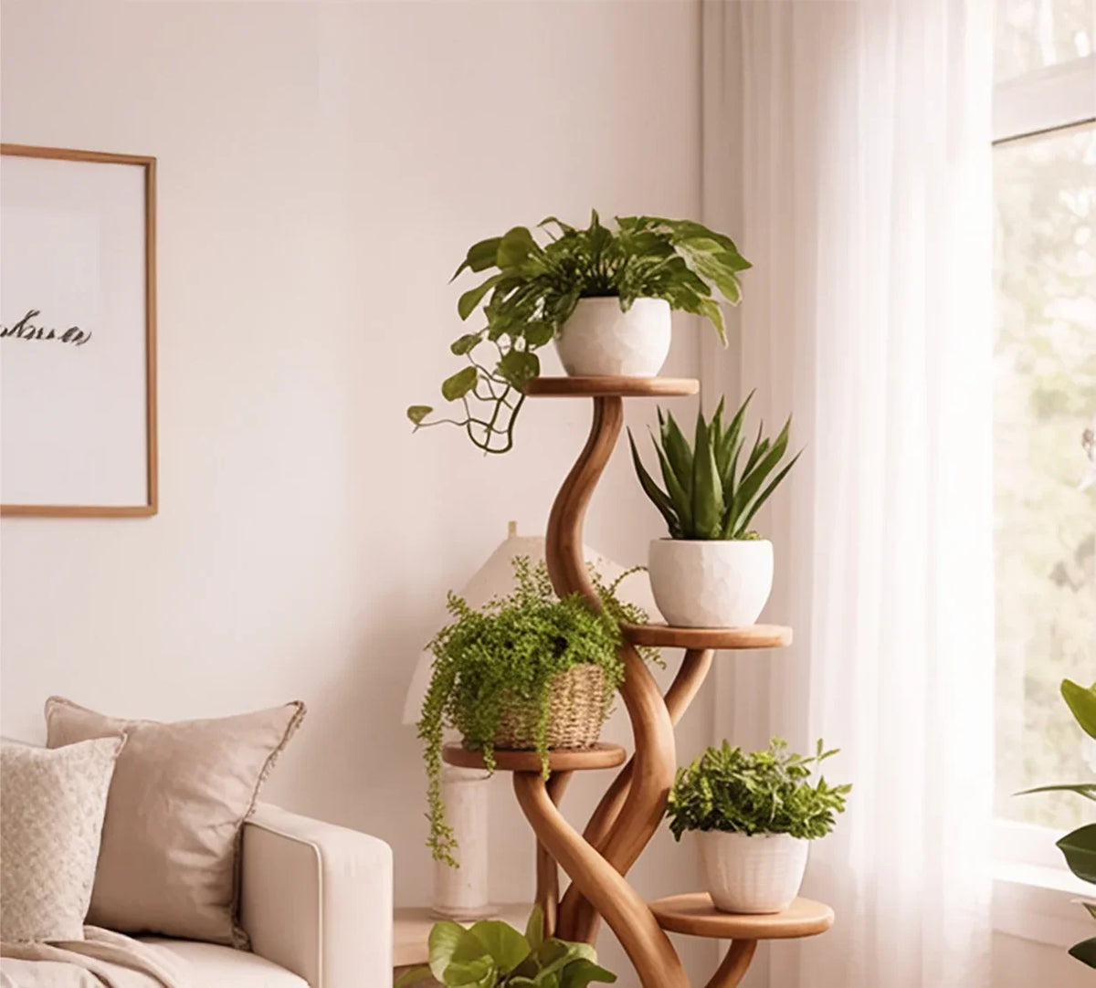 Wooden spiral tree plant stand for home decor