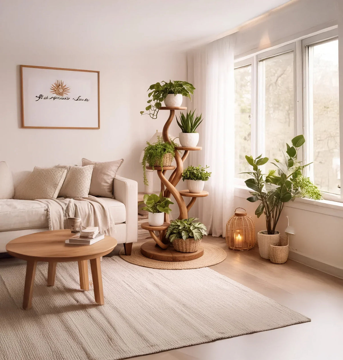 Rustic wooden plant stand with spiral tree design