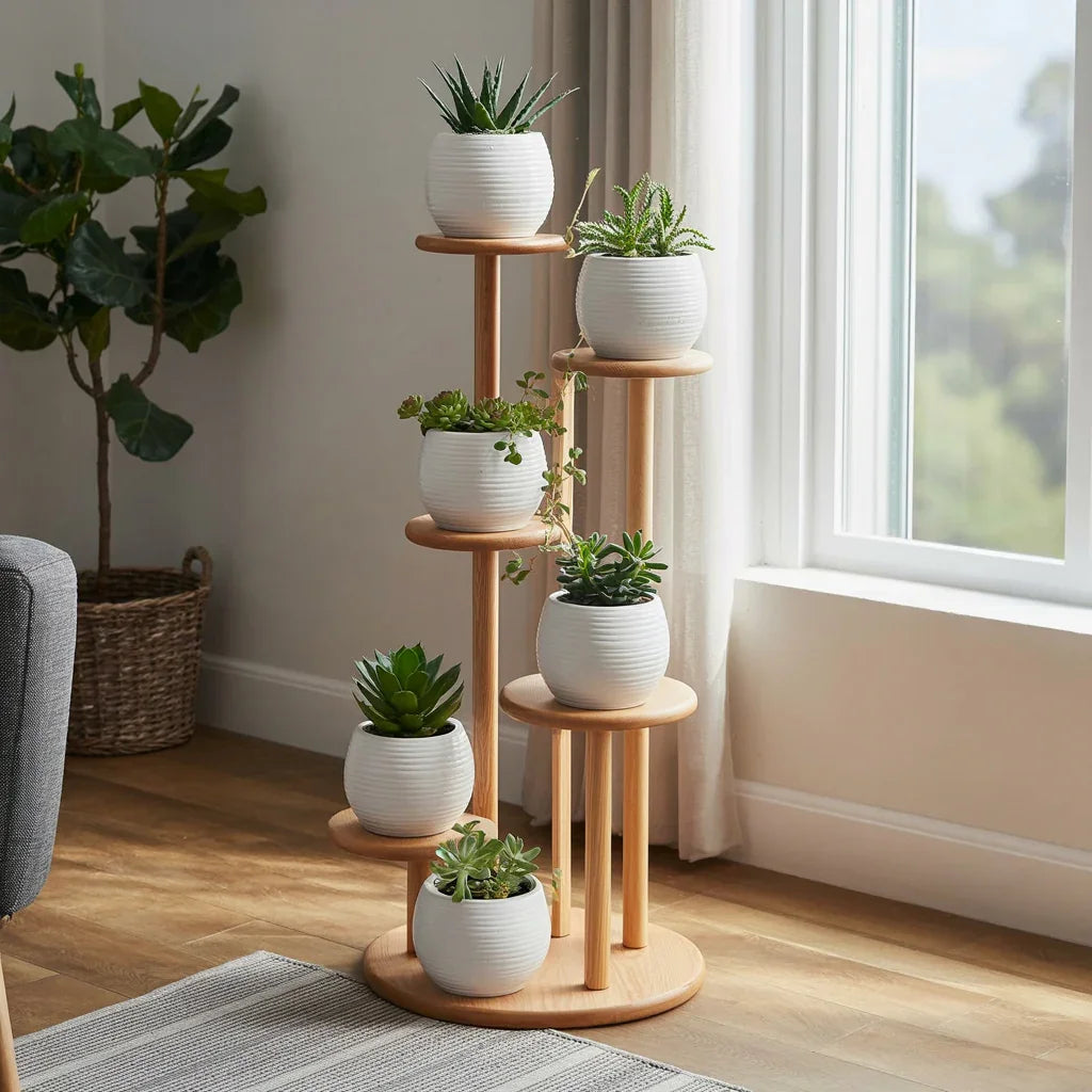 Handcrafted solid wood spiral tree plant stand for indoor plants