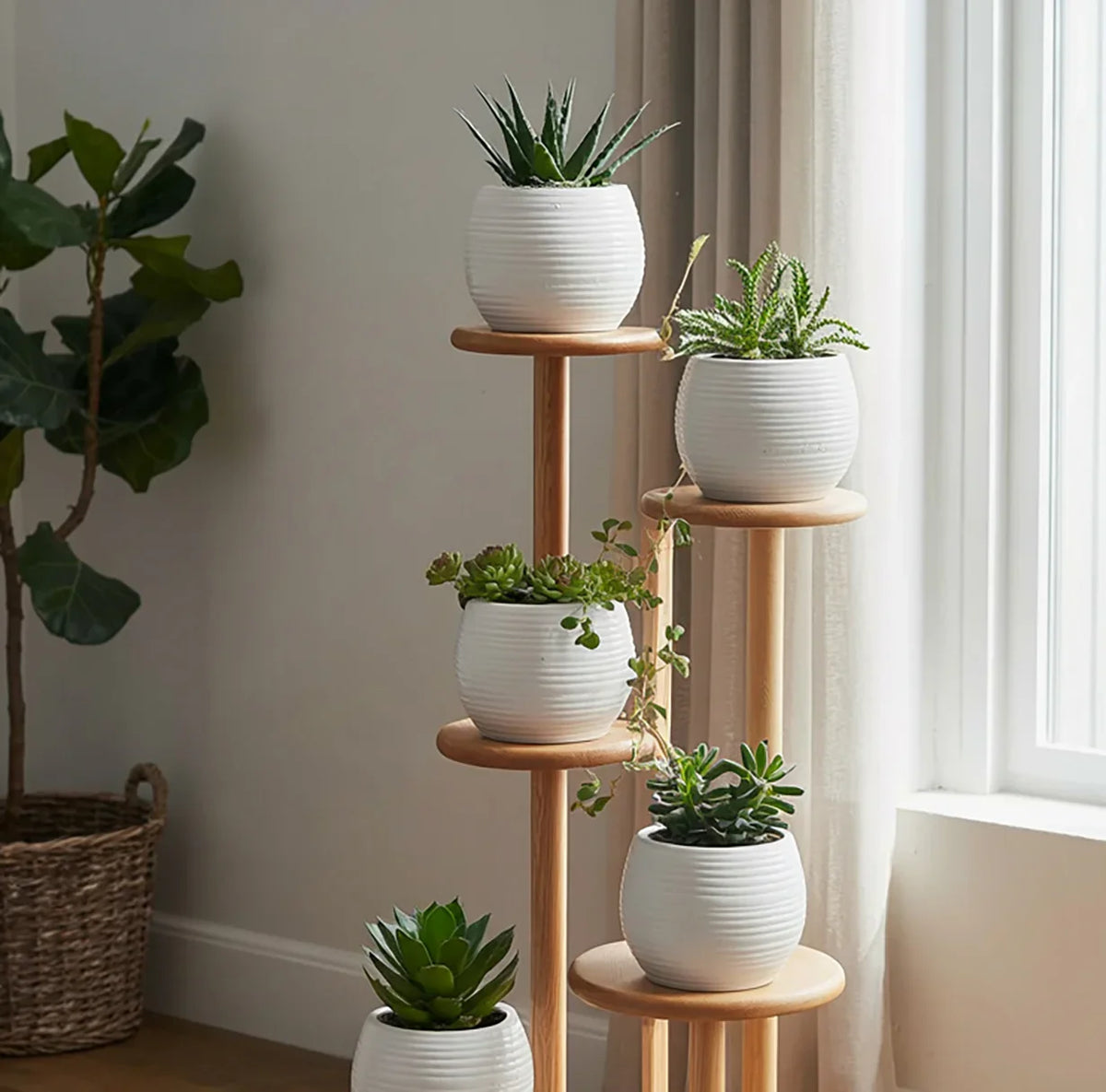 Spiral tree plant stand made from solid wood for home decor