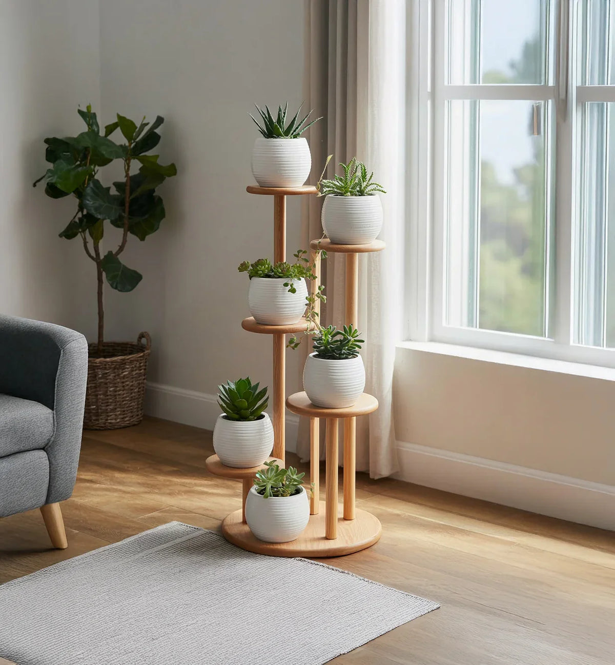 Rustic solid wood spiral plant stand for living room decor