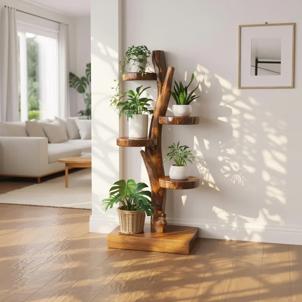 Wooden tree branch plant shelf solid wood freestanding floor stand