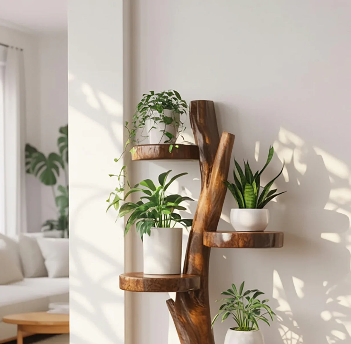 Handmade tree branch shelf for plants and decorative storage